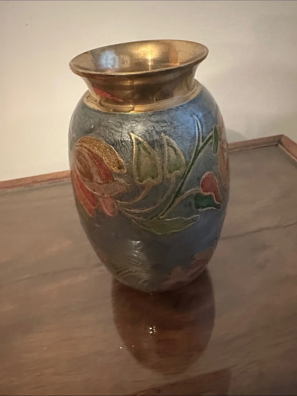 Vintage India Brass-Enamel Floral Vase in Blue and Gold